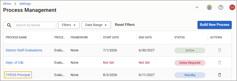 Process Management interface showing various evaluation statuses and highlighted T-PESS Principal entry.